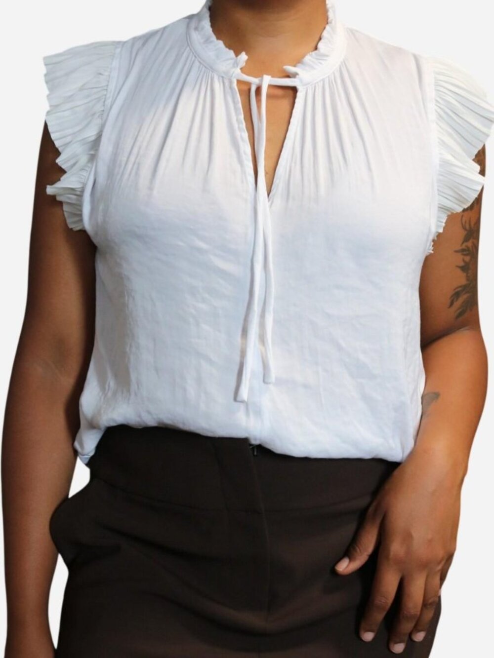 The Limited White Ruffle Sleeve Tie-Neck Blouse